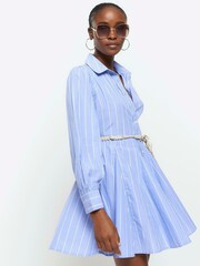 River Island Blue Stripe Belted Mini Shirt Dress - Image 3 of 4