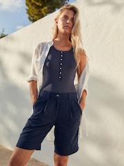 Navy Blue Linen Blend Knee Length Shorts - Image 1 of 5