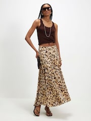 River Island Brown Leopard Print Godet Midi Skirt - Image 1 of 4