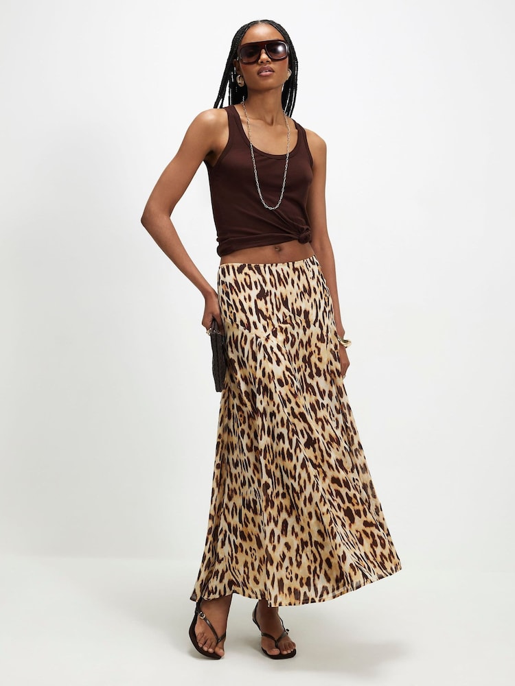 River Island Brown Leopard Print Godet Midi Skirt - Image 1 of 4 River Island Brown Leopard Print Godet Midi Skirt - Image 1 of 4