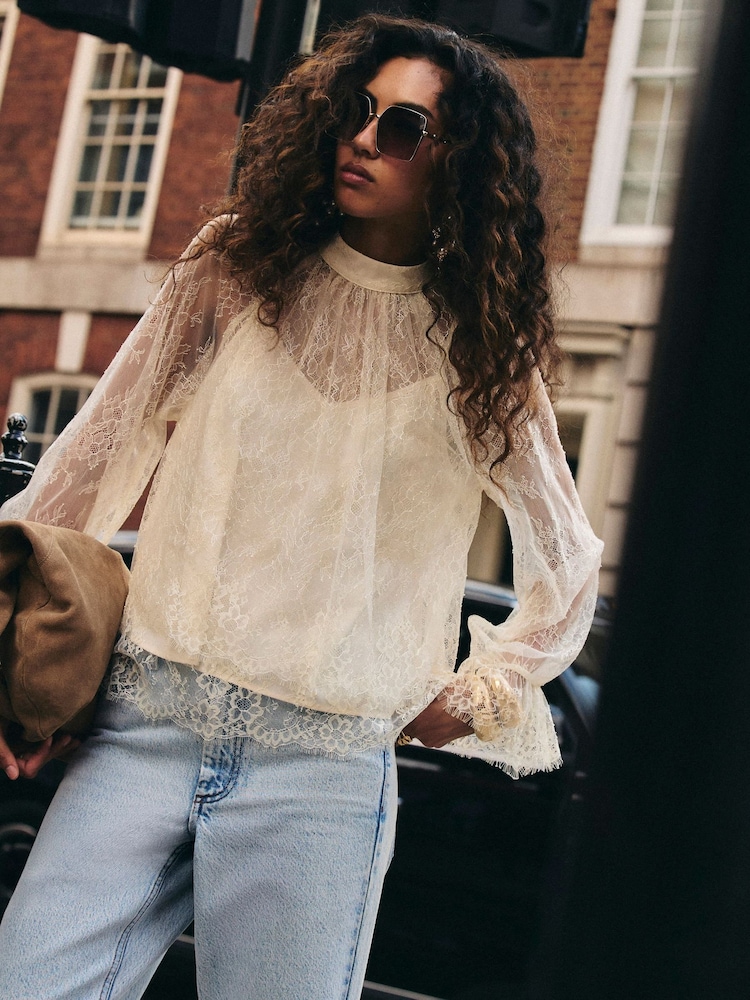 River Island Cream Lace Bow Blouse - Image 1 of 4 River Island Cream Lace Bow Blouse - Image 1 of 4