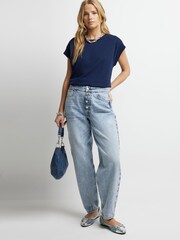River Island Blue 100% Cotton Rib Cuff T-Shirt - Image 1 of 4