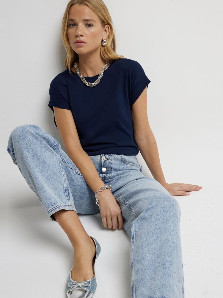 River Island Blue 100% Cotton Rib Cuff T-Shirt - Image 2 of 4