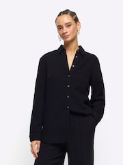 River Island Jet Black Linen Feel 100% Cotton Shirt - Image 1 of 4