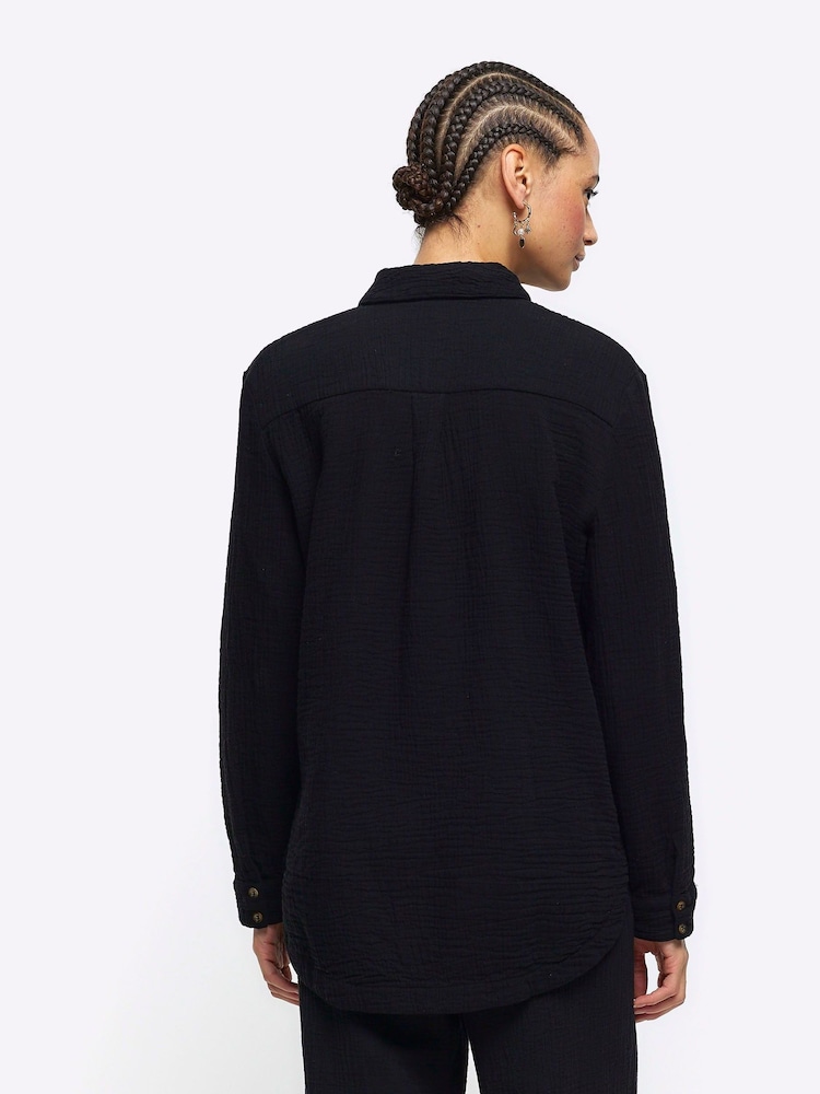 River Island Jet Black Linen Feel 100% Cotton Shirt - Image 2 of 4