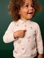 Ecru Santa Snowman 100% Cotton Christmas Long Sleeve Knitted Polo Shirt (3mths-7yrs) - Image 1 of 7