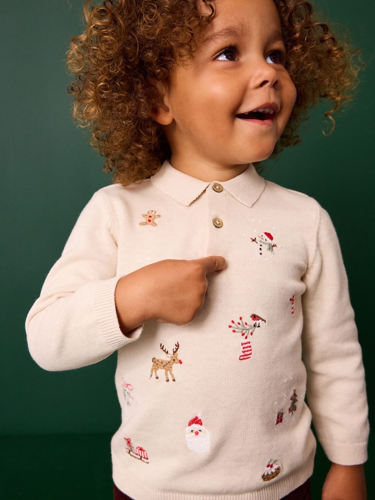 Ecru Santa Snowman 100% Cotton Christmas Long Sleeve Knitted Polo Shirt (3mths-7yrs) - Image 1 of 7