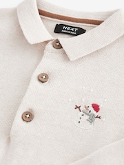 Ecru Santa Snowman 100% Cotton Christmas Long Sleeve Knitted Polo Shirt (3mths-7yrs) - Image 7 of 7
