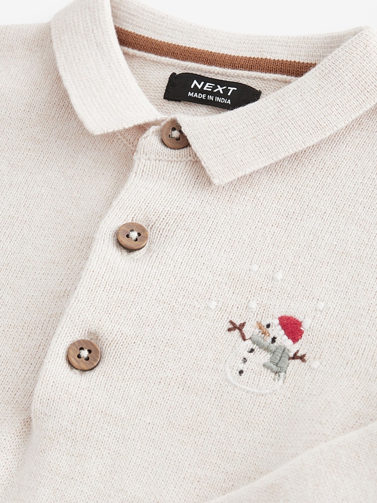 Ecru Santa Snowman 100% Cotton Christmas Long Sleeve Knitted Polo Shirt (3mths-7yrs) - Image 7 of 7