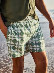 Green/Ecru Tile Printed Swim Shorts - Image 1 of 10