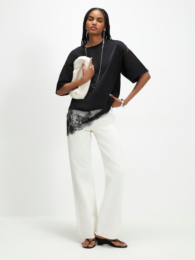 River Island Black Satin Lace Boyfriend T-Shirt - Image 1 of 4