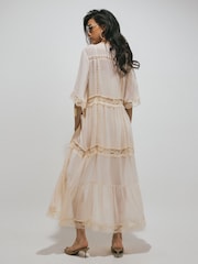 River Island Cream Soft Embroidered Button Through Midi Dress - Image 2 of 4