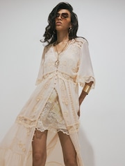 River Island Cream Soft Embroidered Button Through Midi Dress - Image 3 of 4