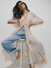 River Island Cream Soft Embroidered Button Through Midi Dress - Image 4 of 4