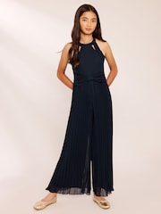 Lipsy Navy Blue Halter Pleated Occasion Jumpsuit (7-16yrs) - Image 1 of 4
