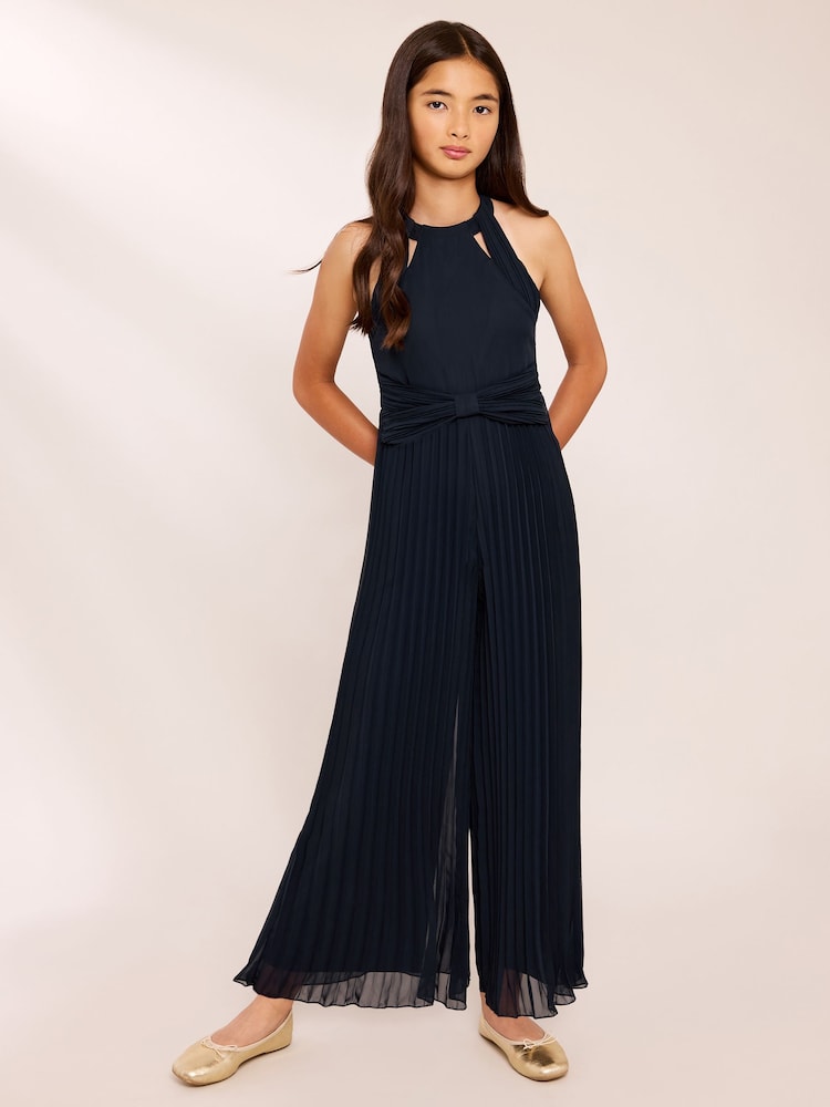 Lipsy Navy Blue Halter Pleated Occasion Jumpsuit (7-16yrs) - Image 1 of 4