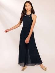 Lipsy Navy Blue Halter Pleated Occasion Jumpsuit (7-16yrs) - Image 3 of 4