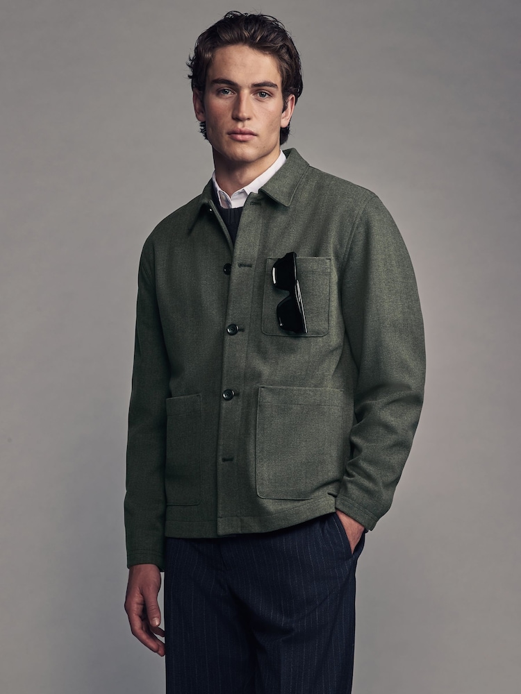 Khaki Green Smart Herringbone Shacket - Image 1 of 9