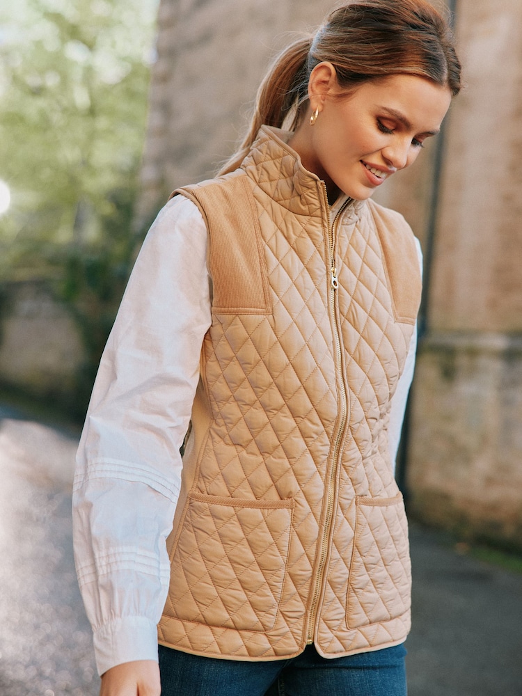 Joules Stately Beige Showerproof Diamond Quilted Gilet - Image 1 of 9 Joules Stately Beige Showerproof Diamond Quilted Gilet - Image 1 of 9