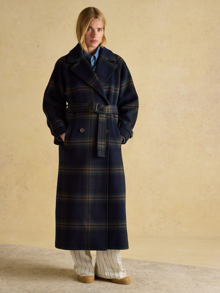 Joules Amberley Navy Blue Longline Wool Blend Coat with Belt - Image 1 of 10