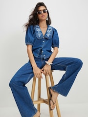 River Island Blue Puff Sleeve Embroidered Collar Blouse - Image 1 of 4