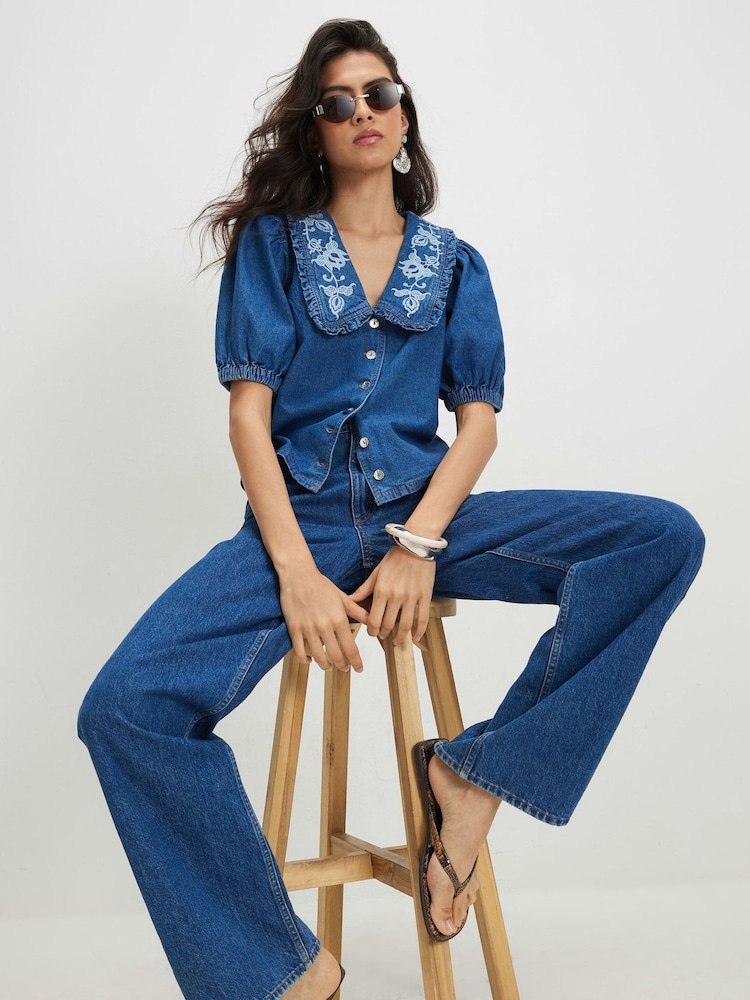 River Island Blue Puff Sleeve Embroidered Collar Blouse - Image 1 of 4