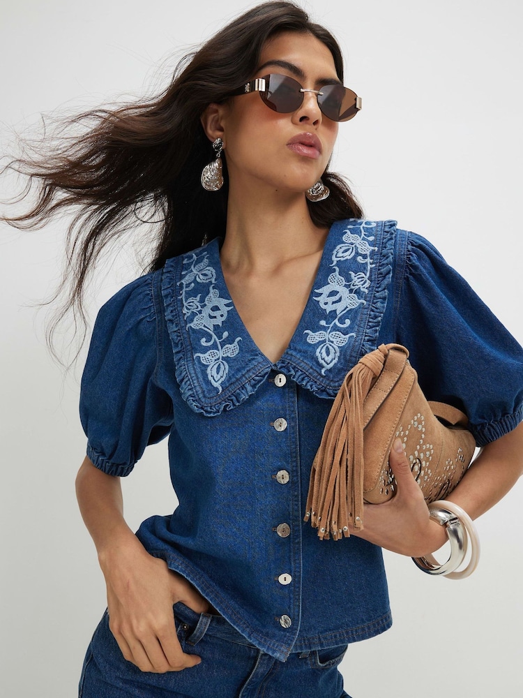 River Island Blue Puff Sleeve Embroidered Collar Blouse - Image 2 of 4