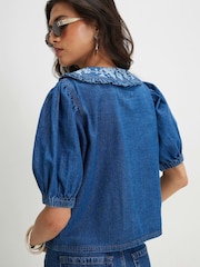 River Island Blue Puff Sleeve Embroidered Collar Blouse - Image 3 of 4