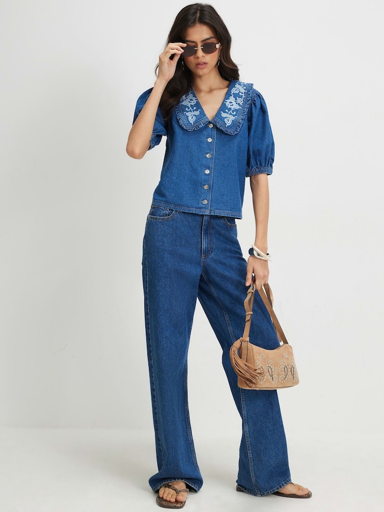 River Island Blue Puff Sleeve Embroidered Collar Blouse - Image 4 of 4