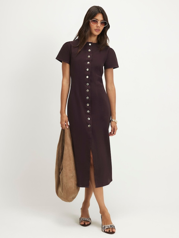 River Island Brown Button Cap Sleeve Midi Dress - Image 1 of 4 River Island Brown Button Cap Sleeve Midi Dress - Image 1 of 4
