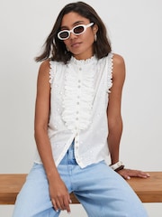 River Island White Sleeveless Broderie Ruffle Blouse - Image 1 of 4