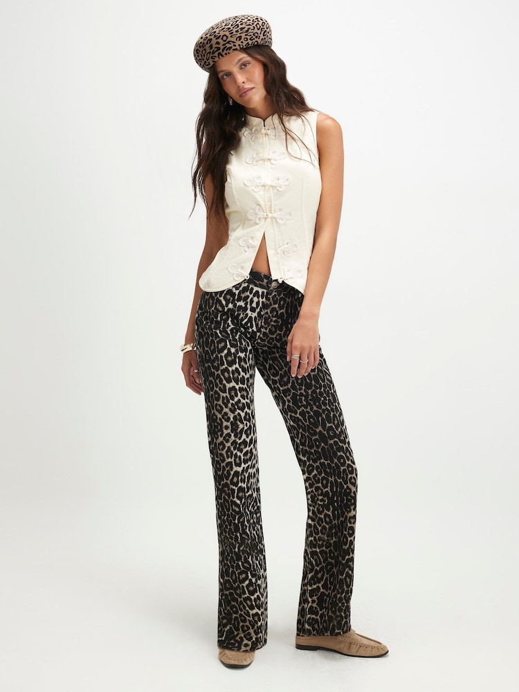 River Island Brown Leopard Print Slim Straight Leg Jeans - Image 1 of 5 River Island Brown Leopard Print Slim Straight Leg Jeans - Image 1 of 5