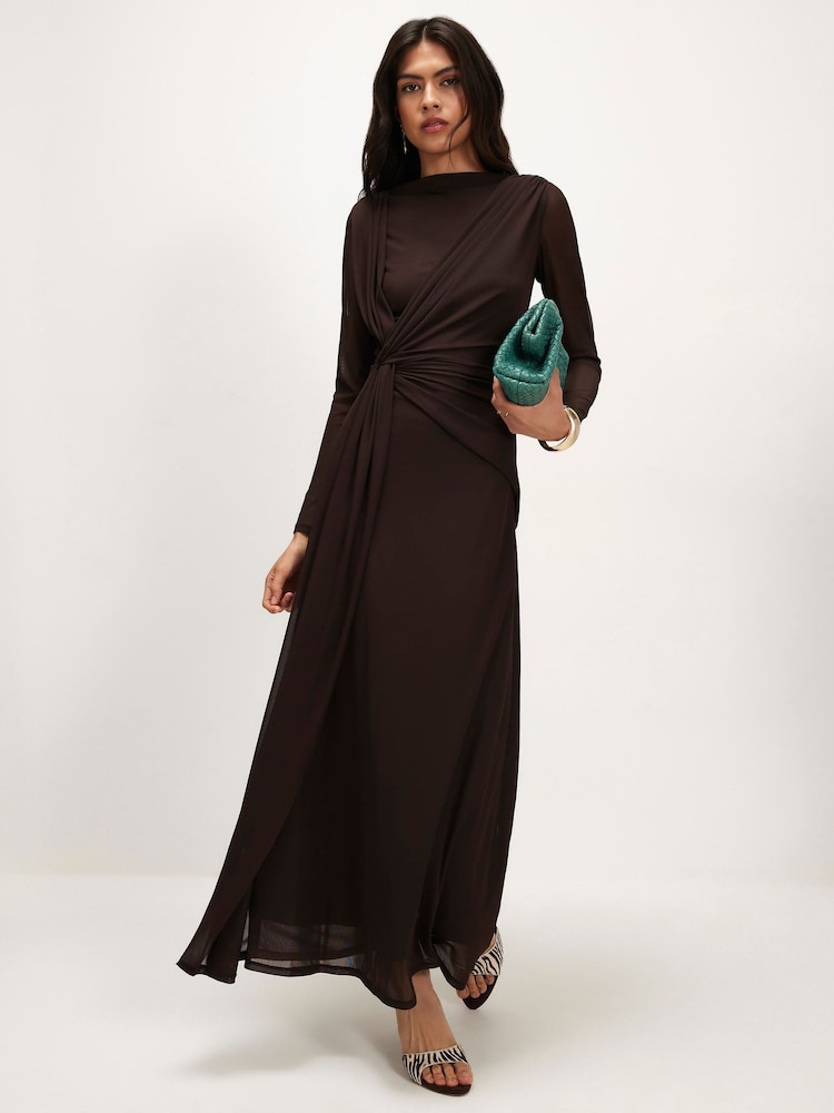 River Island Brown Sheer Drape Maxi Dress - Image 1 of 4 River Island Brown Sheer Drape Maxi Dress - Image 1 of 4