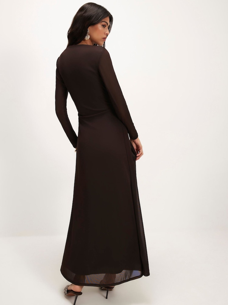 River Island Brown Sheer Drape Maxi Dress - Image 2 of 4 River Island Brown Sheer Drape Maxi Dress - Image 2 of 4