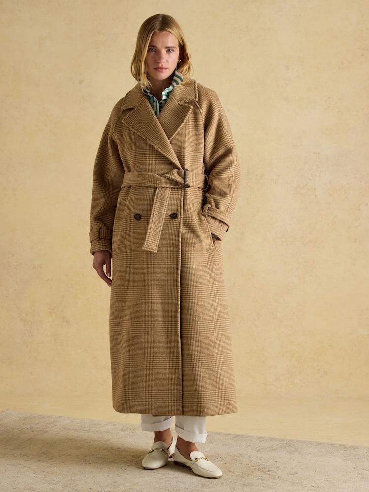 Joules Amberley Tan Brown Longline Wool Blend Coat with Belt - Image 1 of 11