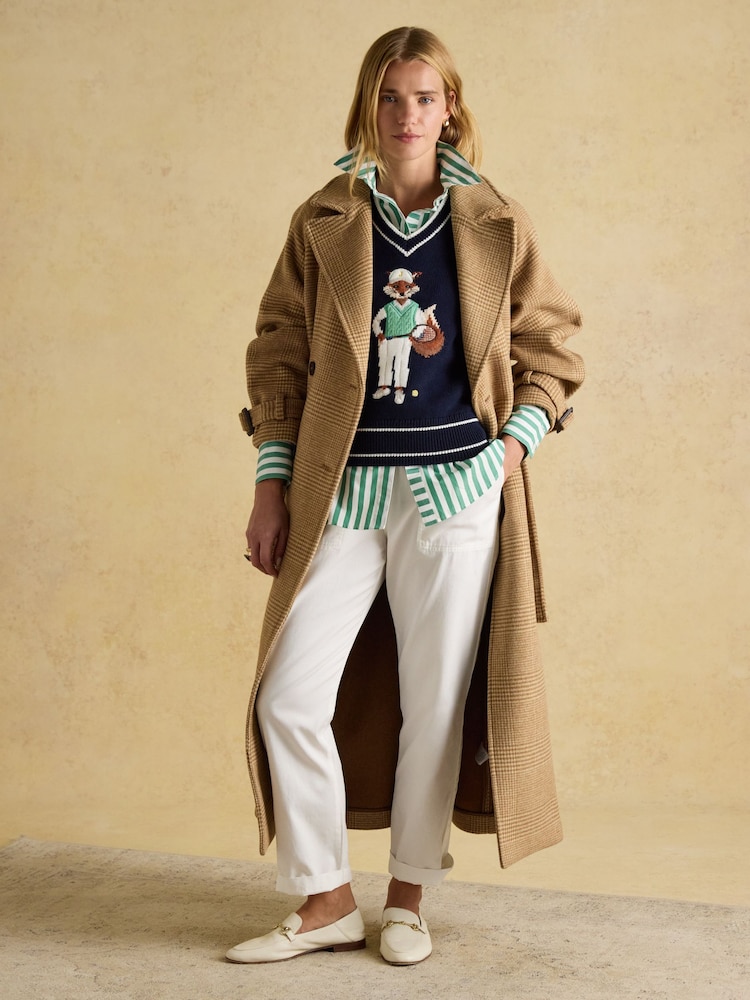 Joules Amberley Tan Brown Longline Wool Blend Coat with Belt - Image 5 of 11