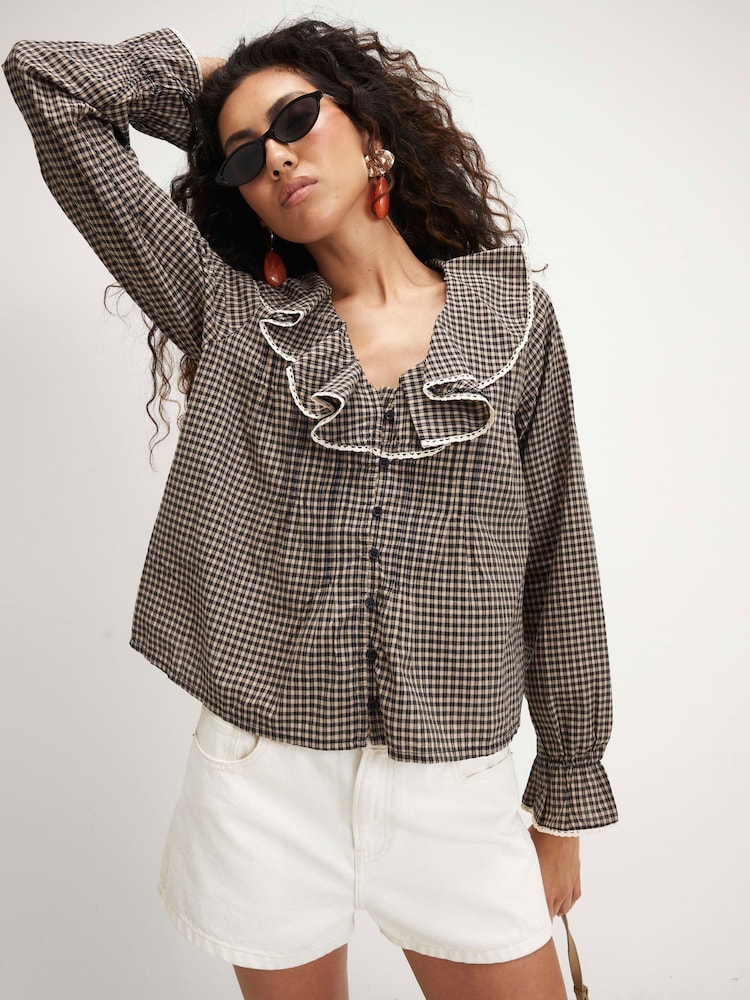 River Island Check Lace Ruffle Blouse - תמונה 1 מתוך 4 River Island Check Lace Ruffle Blouse - תמונה 1 מתוך 4