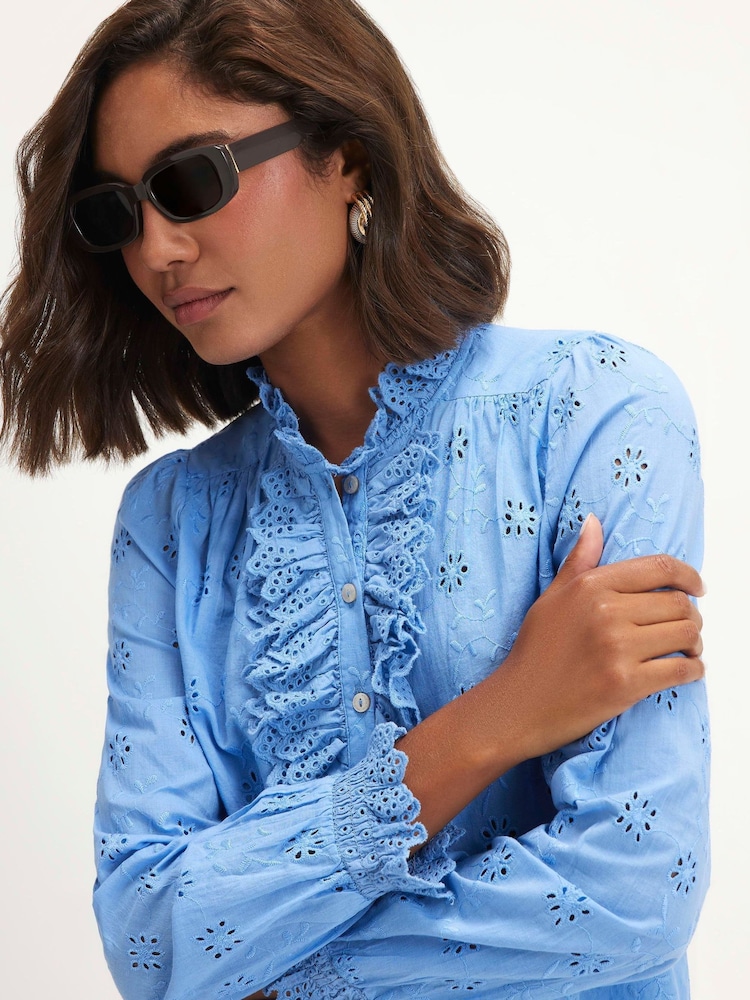 Azul - Blusa de manga larga con volantes y bordados de River Island - Imagen 2 de 4