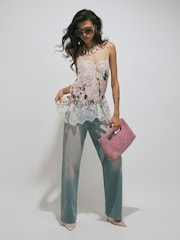 River Island Cream Script Print Lace Cami Top - Image 1 of 4
