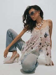 River Island Cream Script Print Lace Cami Top - Image 2 of 4