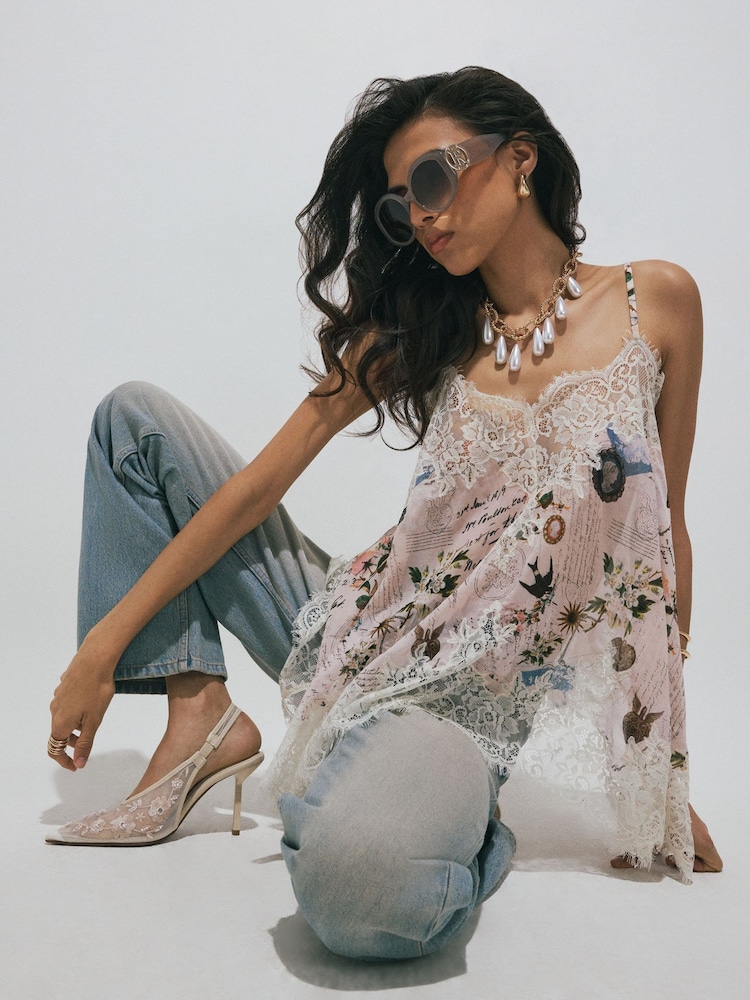 River Island Cream Script Print Lace Cami Top - Image 2 of 4 River Island Cream Script Print Lace Cami Top - Image 2 of 4