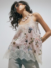 River Island Cream Script Print Lace Cami Top - Image 3 of 4