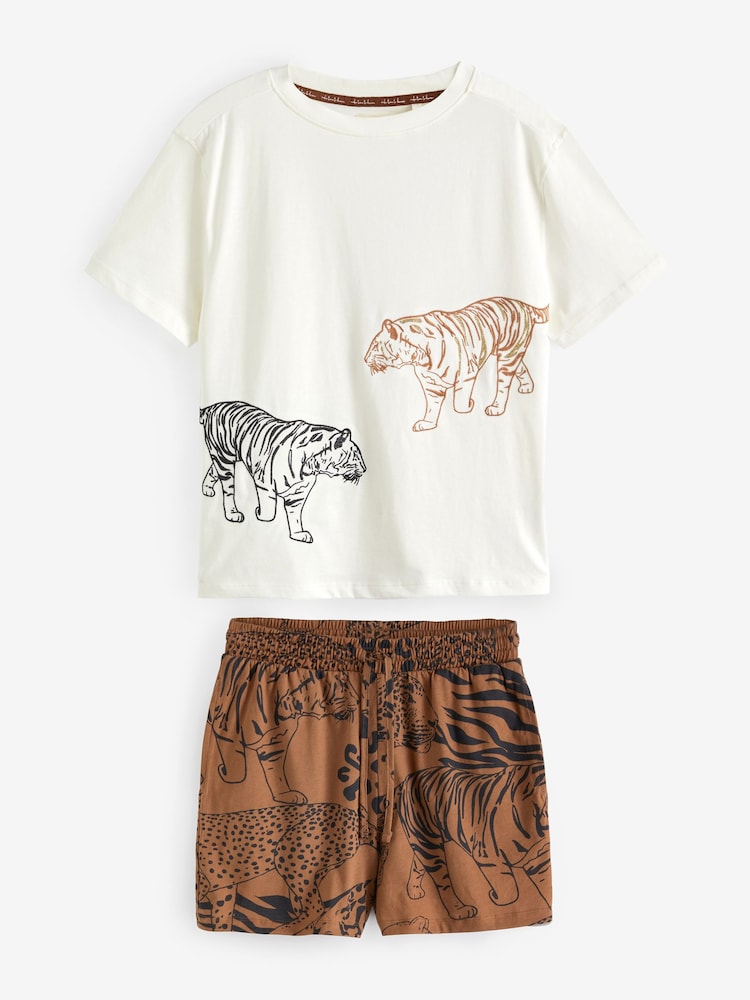 Cream Tiger Cotton Short Set Pyjamas - Image 6 of 9