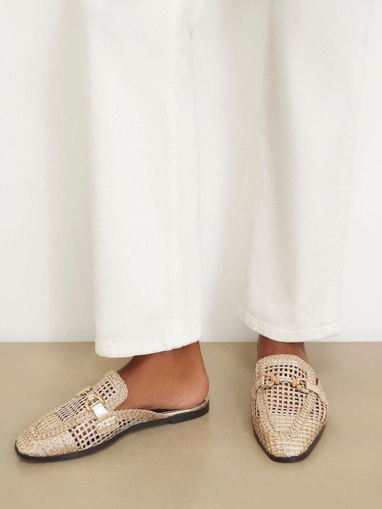 River Island Gold Woven Backless Loafers - Image 1 of 6 River Island Gold Woven Backless Loafers - Image 1 of 6