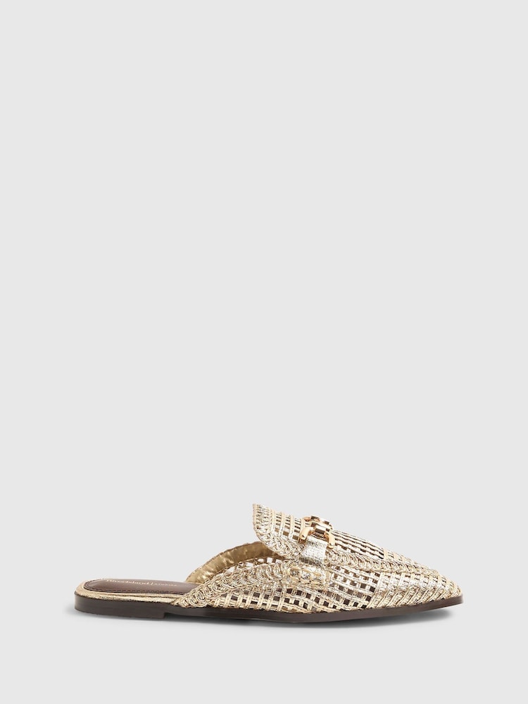 River Island Gold Woven Backless Loafers - Image 2 of 6 River Island Gold Woven Backless Loafers - Image 2 of 6
