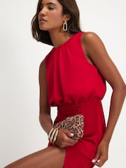 River Island Red Crew Neck Ruched Side Midi Dress - Image 2 of 4