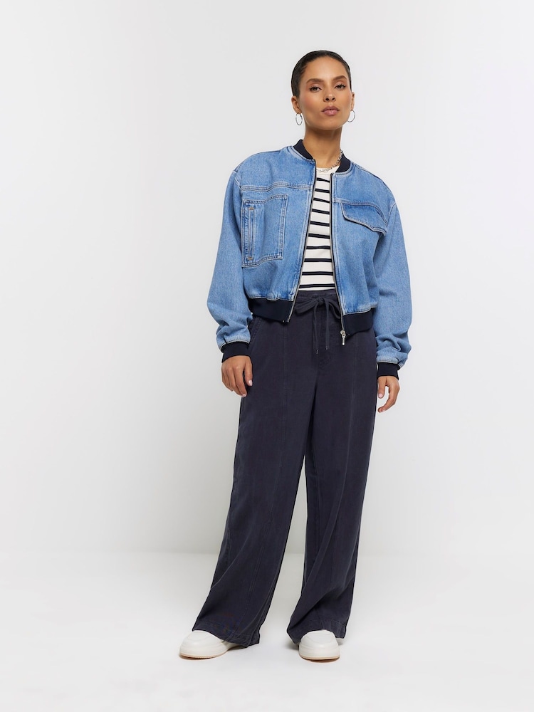 River Island Blue Petite Wide Leg Relaxed Trousers - Image 1 of 4