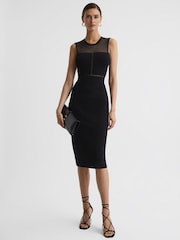 Reiss Black Lucia Sheer Knitted Bodycon Midi Dress - Image 1 of 4