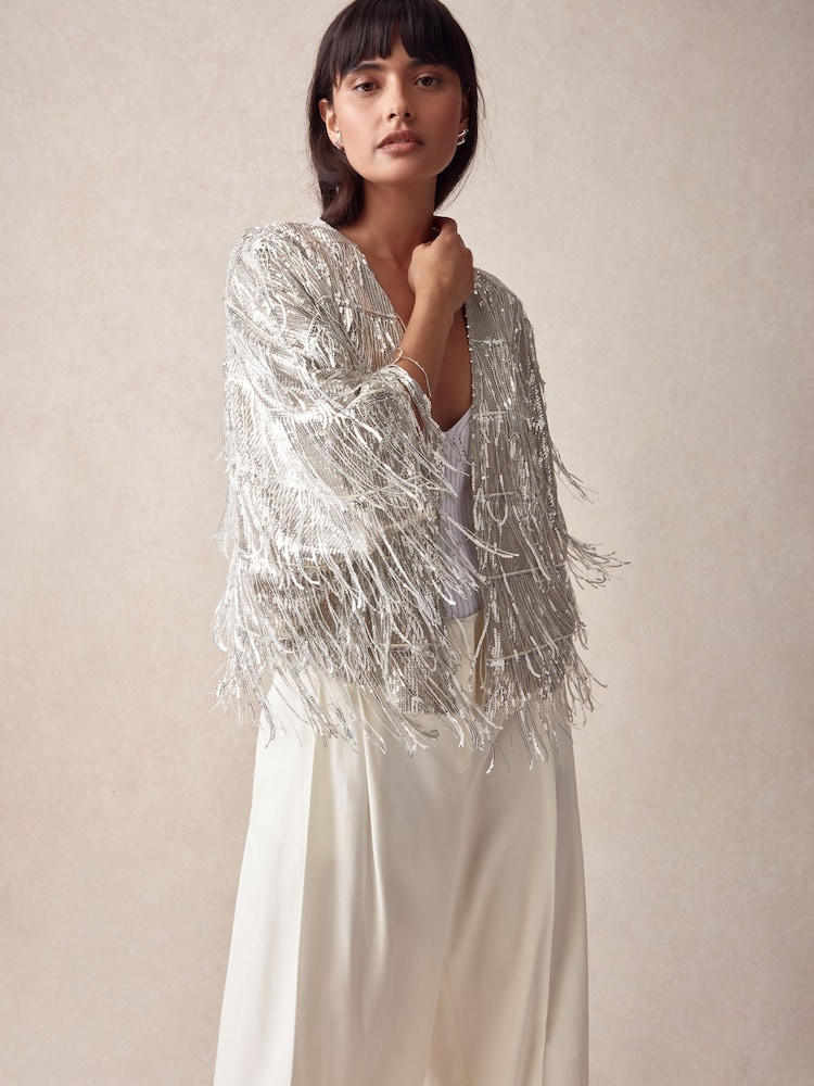 Silver Sequin Fringe Jacket - Image 1 of 6