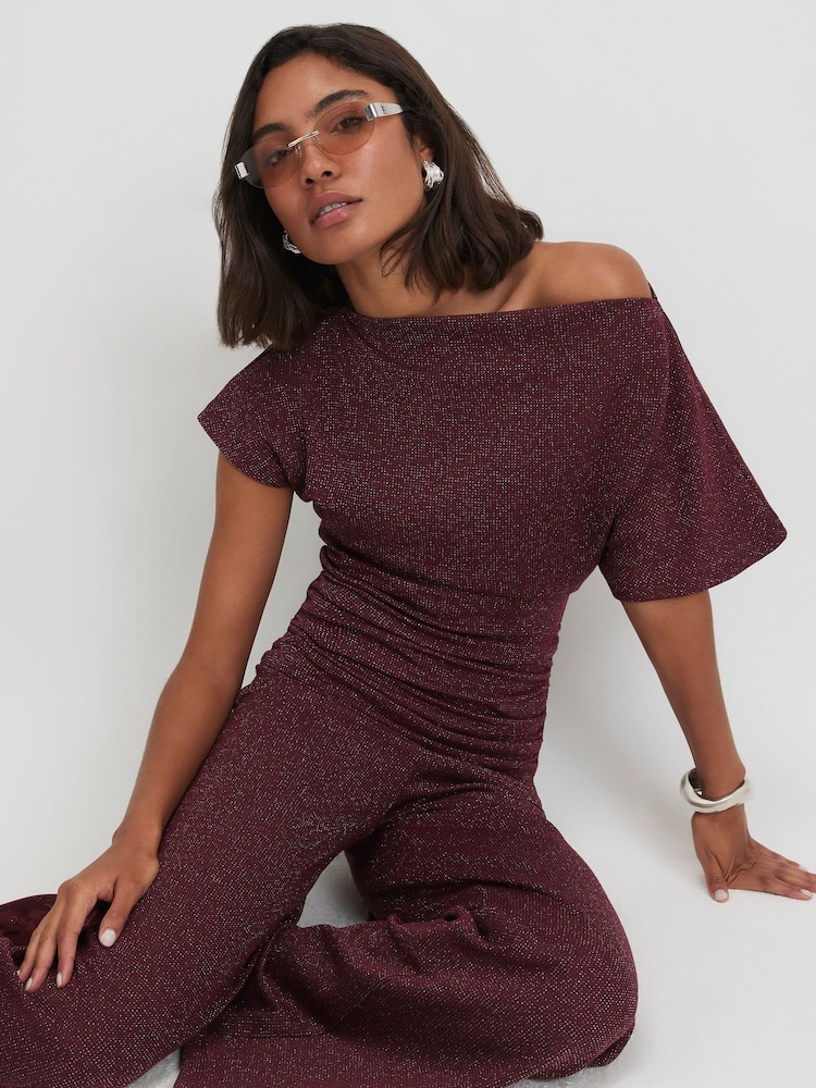 River Island Red Metallised Fibre Hem Drape Top - Image 1 of 4 River Island Red Metallised Fibre Hem Drape Top - Image 1 of 4